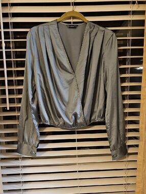 French Blue Wrap-Front Blouse With Elasticized Hem